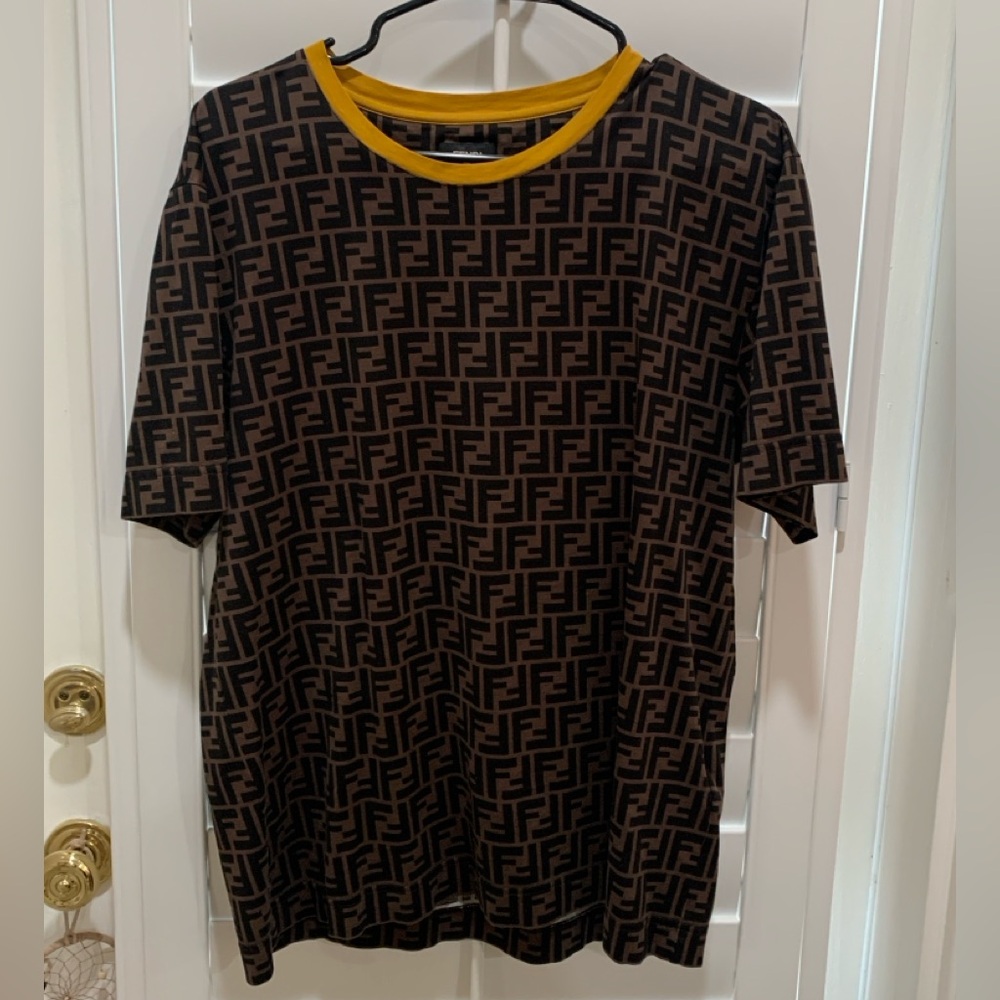 Fendi Black and Brown Logo T-Shirt with Yellow Trim